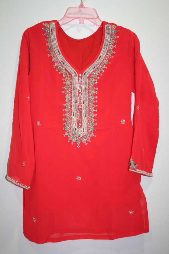 Indian Georgette Kurti Kurta Tunic w/ Zari Pearl Stone  