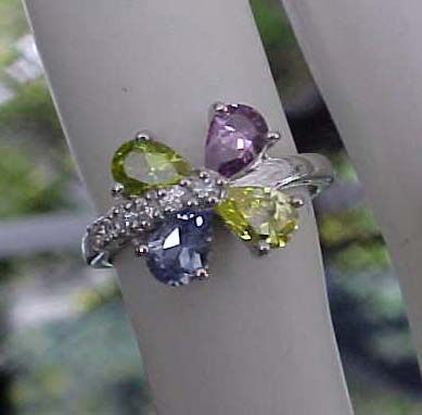 26ctTW Multi Color Gemstone Teardrops CZ Flower Ring Sz8 Rhodium 925 