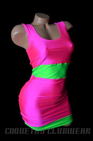 Neon Green & Pink UV Glow Banded Colorblock Sexy Clubwear Lycra Mini 