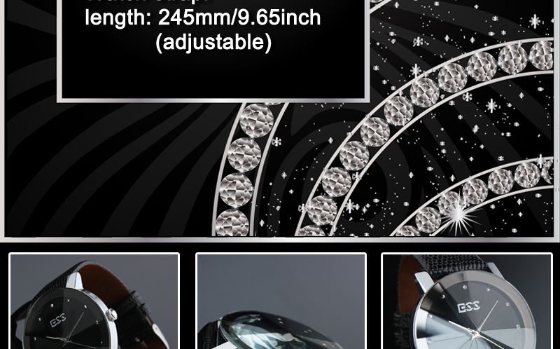 mens Classic new black leather fashion crystal Elegant quartz wrist 