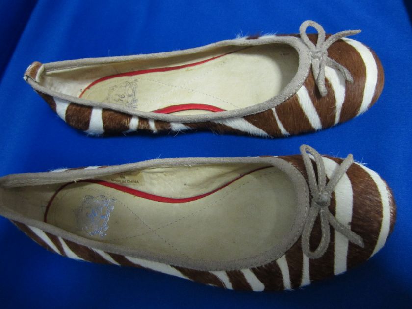 JUICY COUTURE LOVE FUR BROWN ZEBRA PRINT FLATS SHOES 6M  