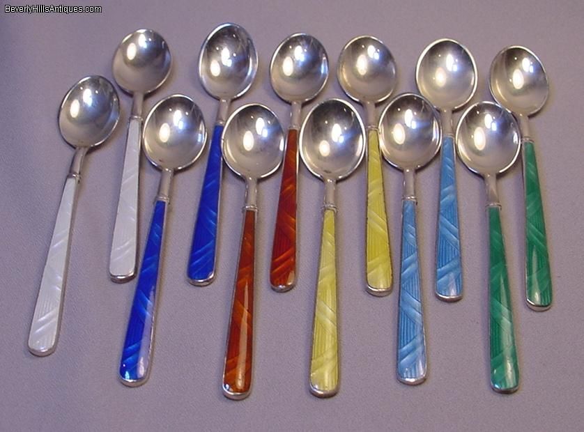 12 Codan Mexico Sterling Silver Enamel Dessert Spoons  