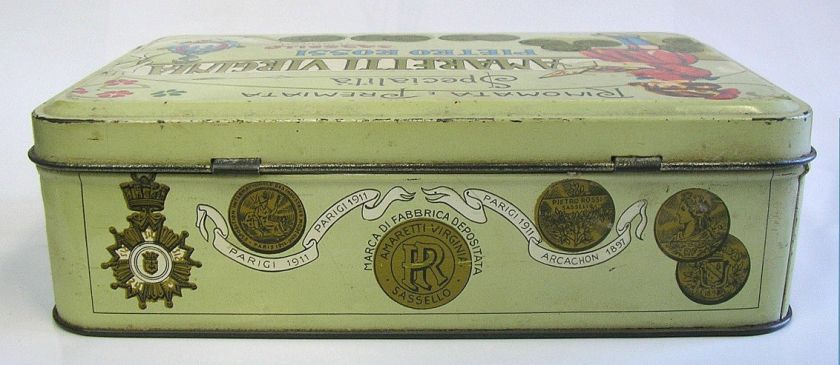 TOLEWARE LITHOGRAPHY TIN BOX AMARETTI VIRGINIA PIETRO ROSSI LIGURIA 