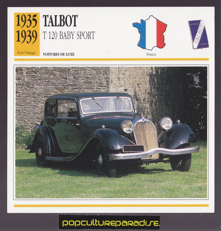 1935 1939 TALBOT T 120 BABY SPORT Car FRENCH SPEC CARD  