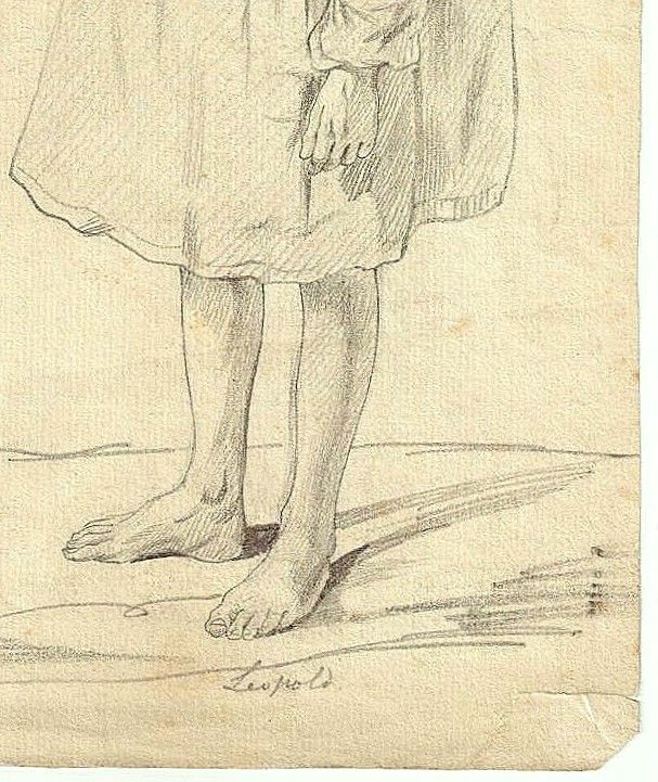 FINE ANTIQUE EUROPEAN DRAWING c1850 YOUNG SHEPHERD SIGNED LEOPOLD 