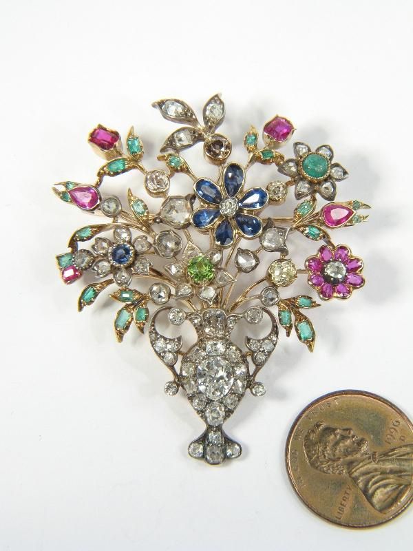 STUNNING ANTIQUE 18K GOLD DIAMOND RUBY GIARDINETTO PIN  