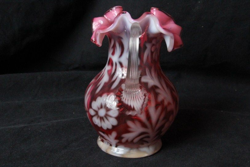   LG WRIGHT DAISY & FERN CRANBERRY OPALESCENT DBL CRIMPED MILK PITCHER