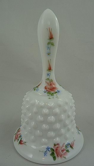 Fenton 1974 Milk Glass Hobnail Bell Hand Painted Roses  