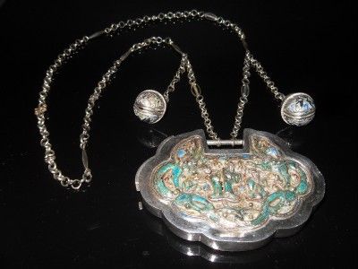 Important 19thC ANTIQUE CHINESE SILVER & ENAMEL LOCK NECKLACE 17 IN 