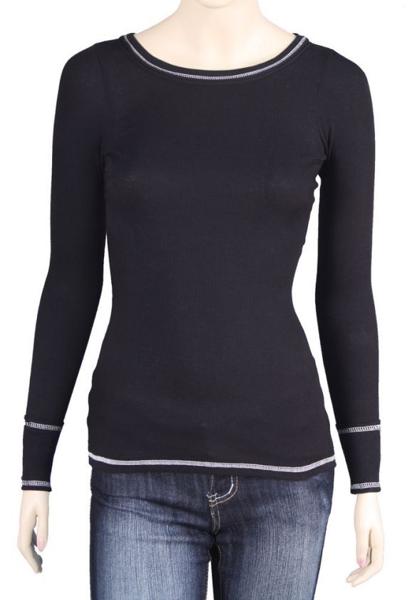 Black w/ White Crew Neck Long Sleeved Tee Top NWT  