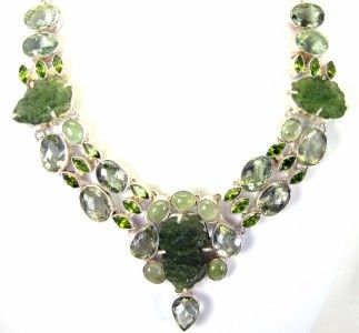 MOLDAVITE + PREHNITE AMETHYST STERLING CHOKER NECKLACE  