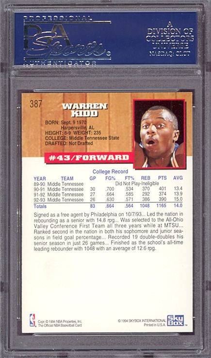 1993 Hoops 5th Anniversary #387 Warren Kidd PSA 10 pop1  