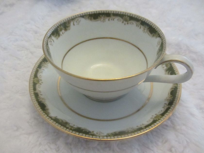 Noritake China 6872 WARRINGTON Green & Gold Cup & Saucer set up to 7 