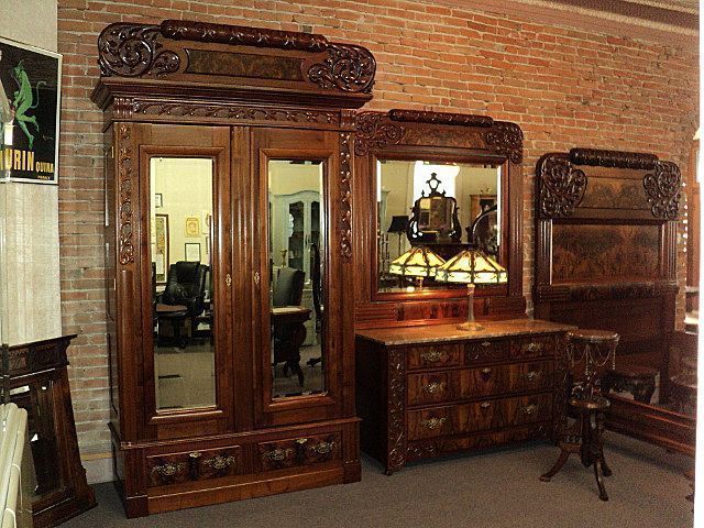 American Burl Walnut Victorian Bedroom Set, 4 Pcs, Dated 1892  