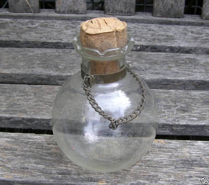 ANTIQUE VINTAGE ROUND BALL GLASS CORK JAR HANGING CHAIN  