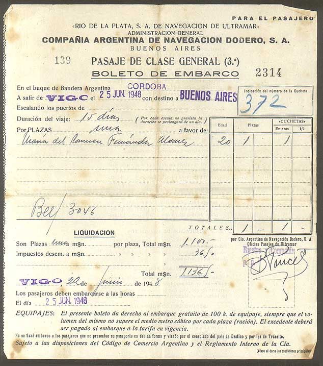 SPAIN ESPAÑA woman immigrant Argentina,1948 ship ticket  