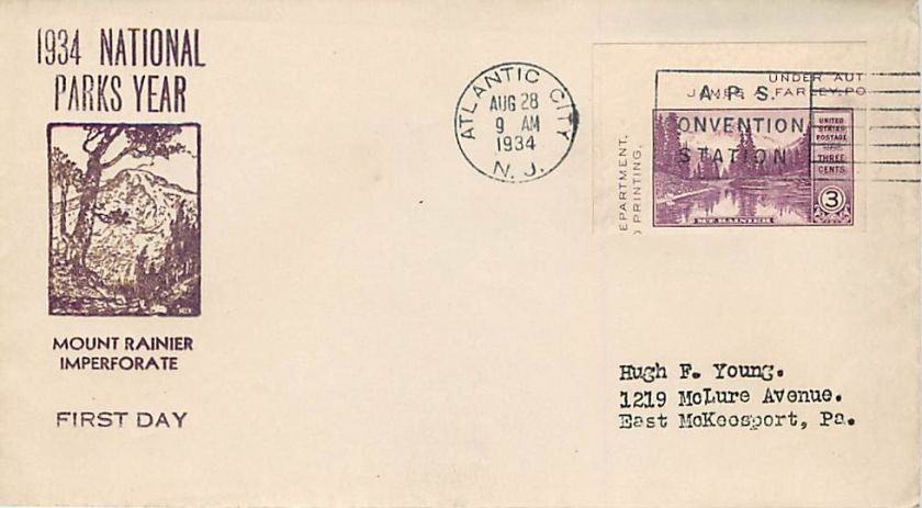 FDC   750a 1934 APS Mt. Rainier Imperf   Fairway Cachet  