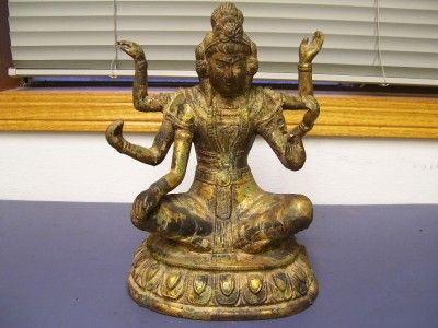 Vintage Cast Iron Gilded 6 Armed Buddha Statue Very Heavy and Unique 