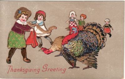 THANKSGIVING CHILDREN chase TURKEY 1907 EBC postcard  