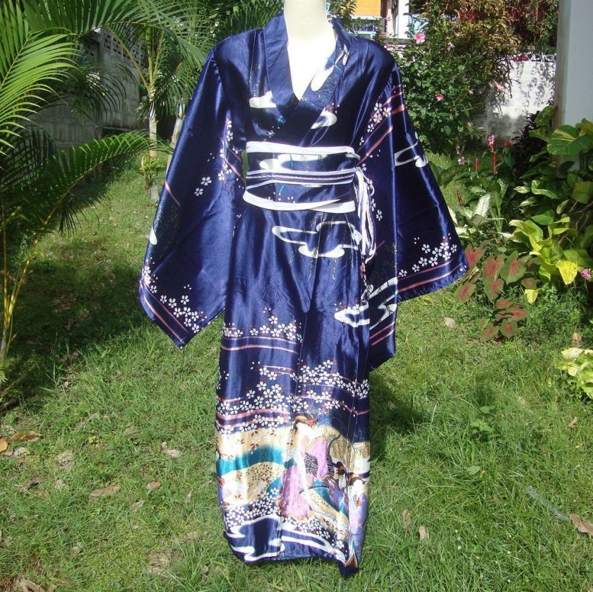 THAI SILK JAPANESE CUMMERBUND KIMONO GEISHA GIRL D BLUE  