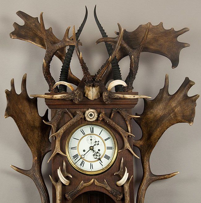 huge antique black forest antler clock regulator 1900    