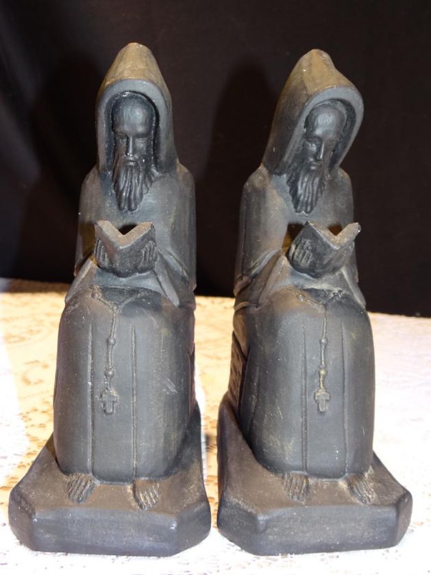 Mid Century Modern Pair Black Chalkware Monk Friar Bookends Vintage 