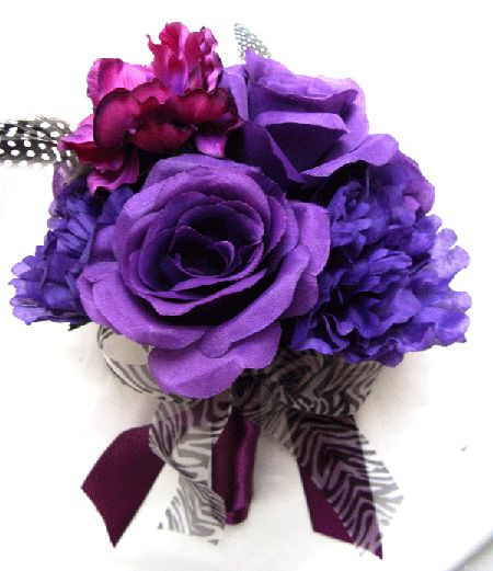 Wedding Bouquet Bridal Silk flowers PURPLE PLUM BLACK/ WHITE FEATHERS 