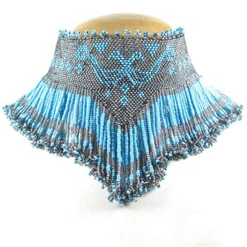 GREY SKY BLUE GRAND EAGLE SEED BEADED CHOKER NECKLACE W  