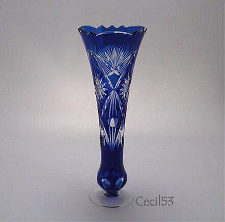 COBALT BLUE CUT TO CLEAR BOHEMIAN STYLE GLASS VASE SAWTOOTH  