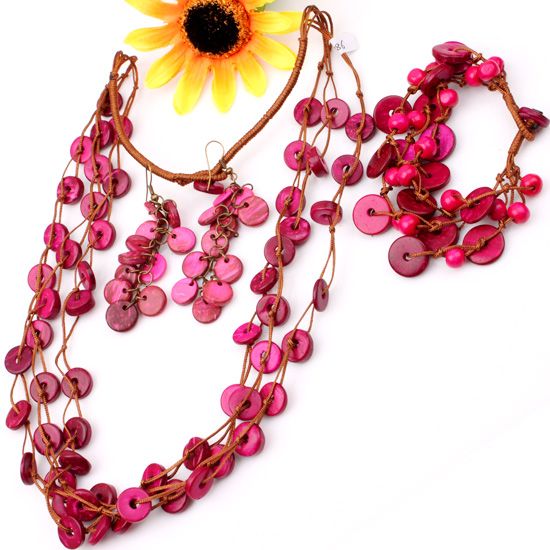 Fushia Coconut Shell Necklace Bracelet Earrings Set NEW  