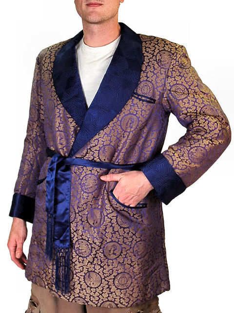 Vintage Smoking Jacket Blue/Gold Phoenix Print 1950S  