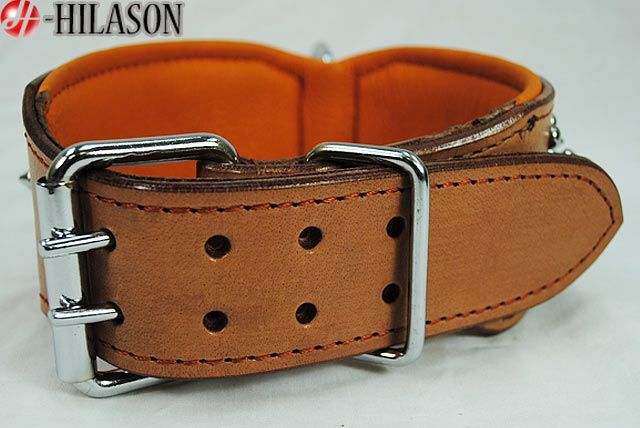 Tan Leather Spiked Studded Dog collar Sz  LRG DC104  