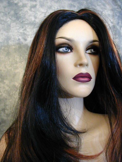 RAVEN BLACK WIDOW STREAKED FIRE RED LONG WIG WIGS  