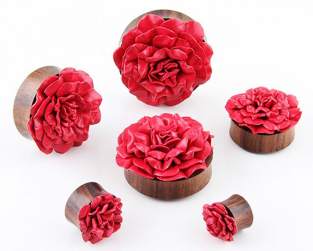 Double Flare Organic Sono Wood Leather Rose Flower ear Plugs Gauges 