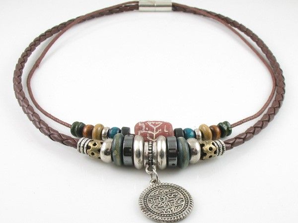 Surfer Tribal Hemp Brown Leather Beads Beaded Necklace Choker Womens 