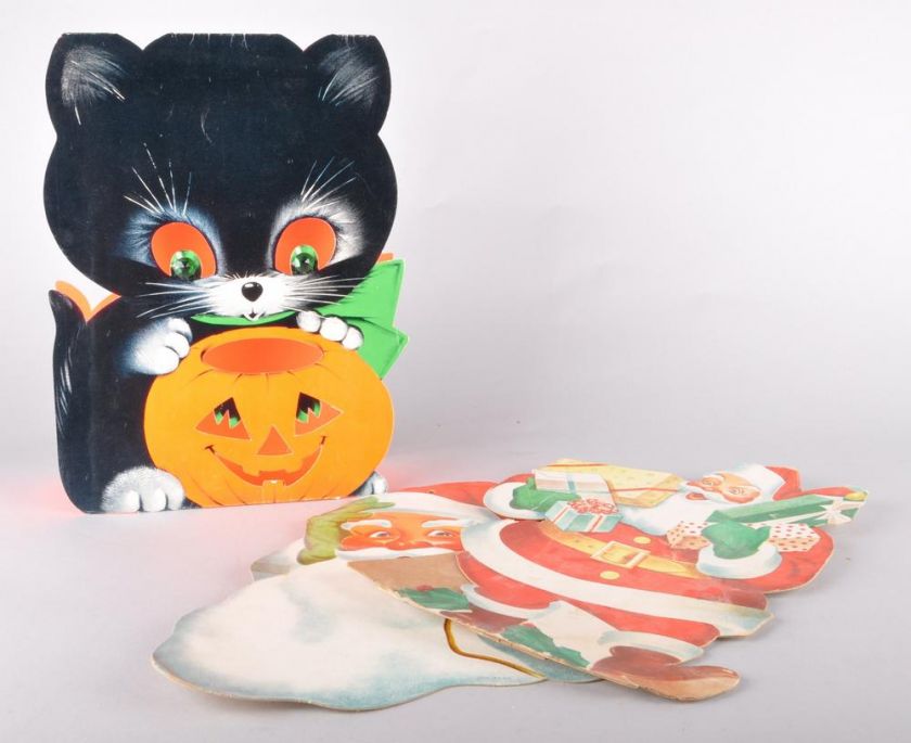 VTG Halloween & Christmas Decorations Black Cat &Santas  