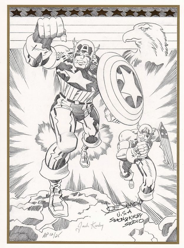   CAPTAIN AMERICA B/W LITHO AP #13/25 SIGNED BY JOE SIMON & JACK KIRBY