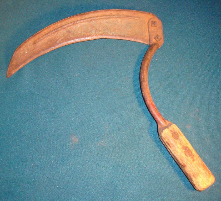 Old Farm Hand Tool Sickle Scythe with curved handle  