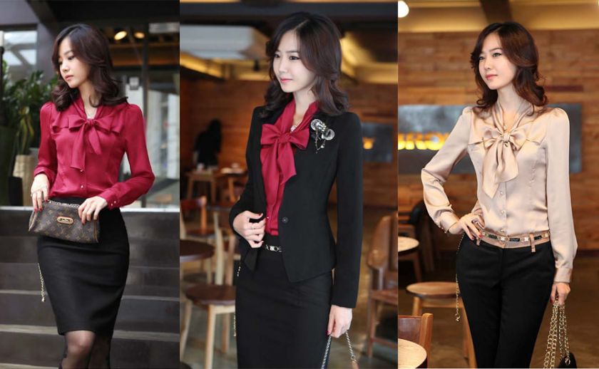 New Women Fashion Elegant OL Business Flouncing Bow Collar Top Shirts 