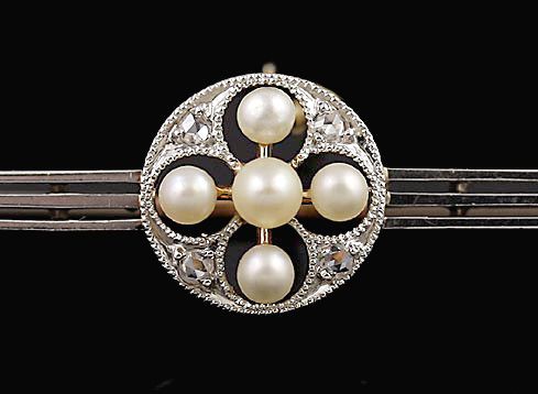   1900s PLATINUM 14K GOLD DIAMOND PEARL BAR PIN W/ SAFETY CHAIN  