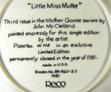 RECO COLLECTOR PLATE   LITTLE MISS MUFFET BY MCCLELLAND  