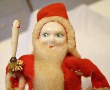 VTG ESTATE CELLULOID FACE FELT SANTA HOLDING CANDLE FIGURE  