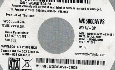 WESTERN DIGITAL 500GB WD5000AVVS 63H0B1 DCM HANNNTJMAB 718037724669 