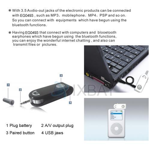 Bluetooth USB Audio Stereo Adapter Dongle For iPod   