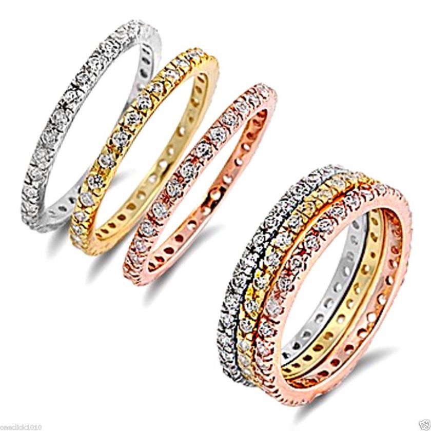 Set of 3 Stackable Eternity Rings, Genuine .925 Sterling Silver  