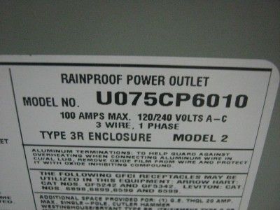 Midwest UO75CP6010 RV Power Outlet Pedestal Type 100 Amp 120/240 VAC 1 