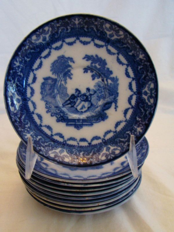 Set 10 Doulton Flow Blue Watteau Saucers c1885  