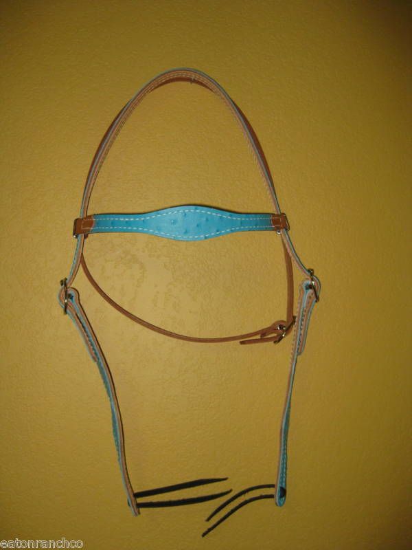 Turquoise Blue Ostrich Leather Browband Headstall USA  