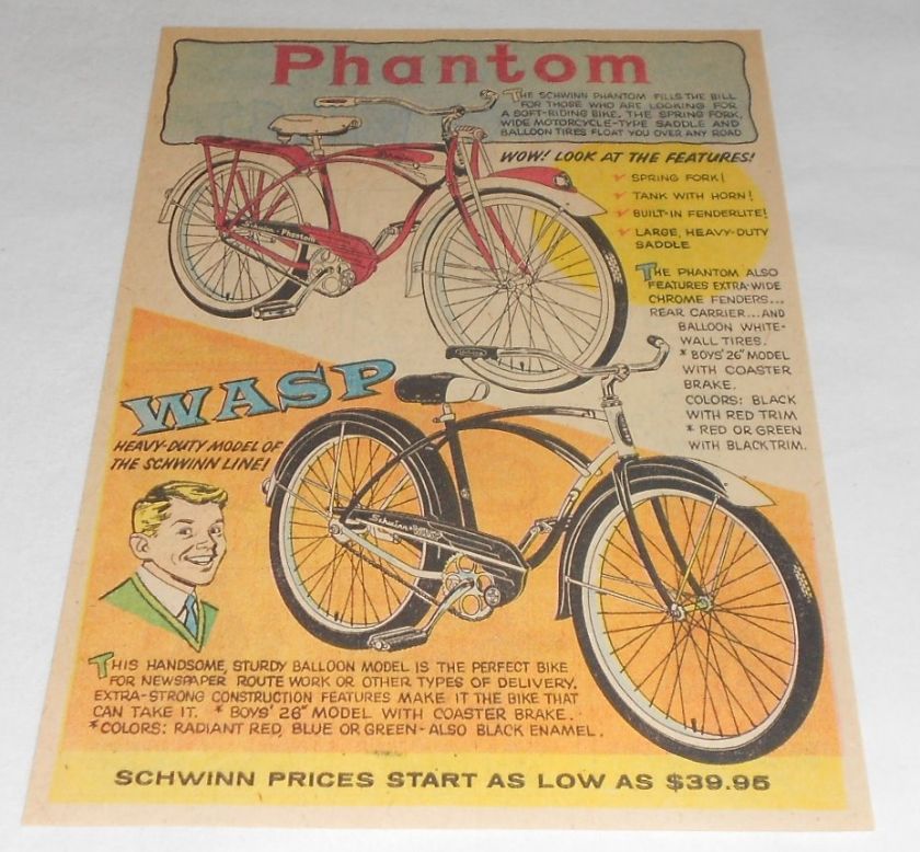 1959 Schwinn bicycles cartoon ad page ~ PHANTOM, WASP  