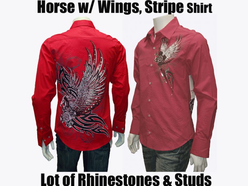 MEN Dress Shirt,Horse with Wings & Rhinestones & with Stripe design 